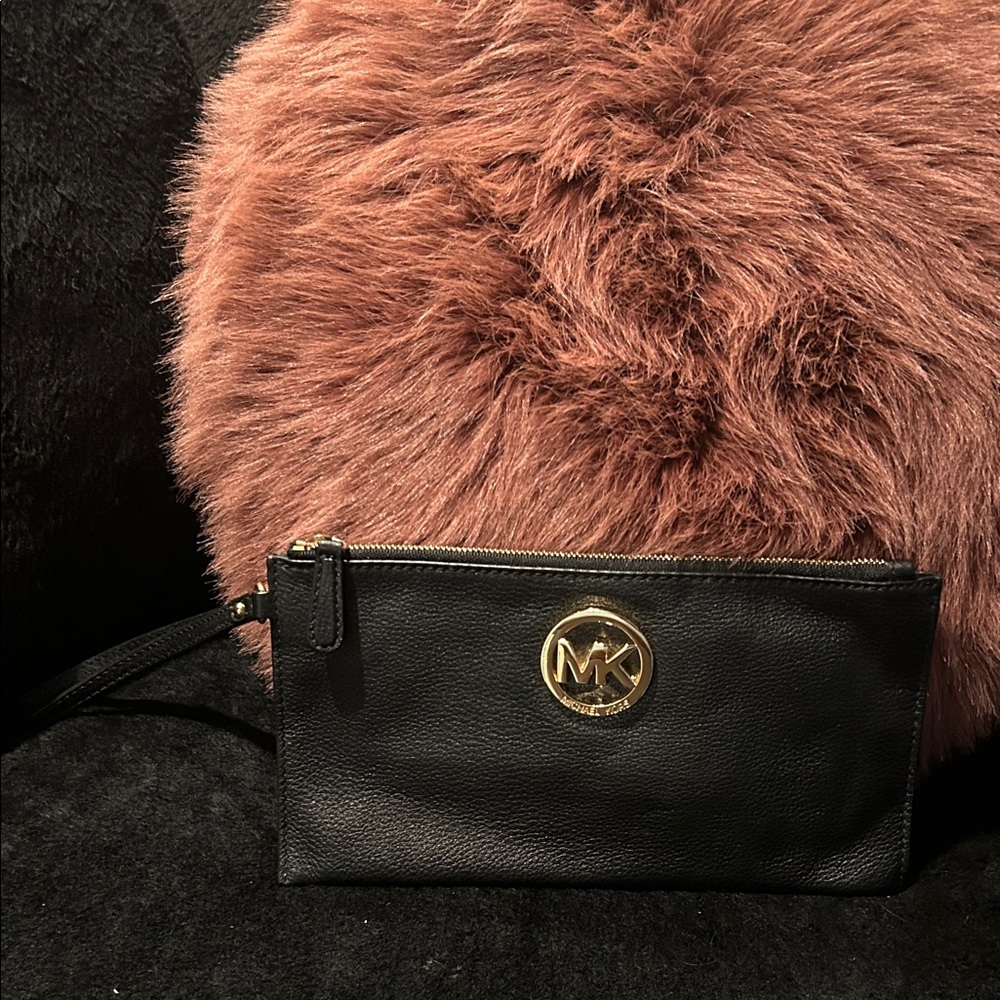 Michael Kors Black Leather Clutch with Gold Logo